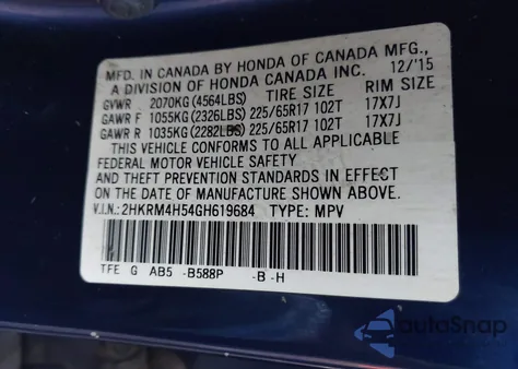 2016 Honda Cr-V Ex z USA, uszkodzony, nr VIN 2HKRM4H54GH619684